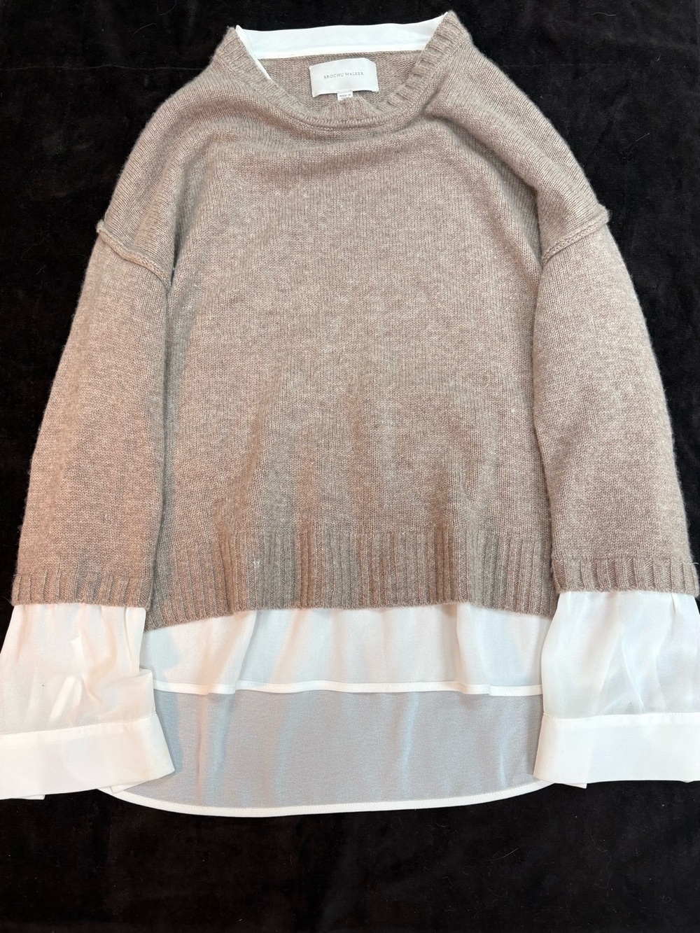 Brochu Walker Taupe Crewneck Sweater with White Chiffon Hem
